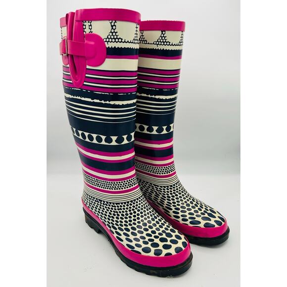 Journee Collection Women’s Rain Boots Size 6 Pink Navy Block Heel Waterproof - Picture 1 of 6